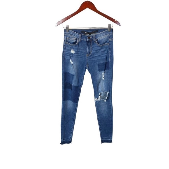 HARPER Skinny Mid Rise Stretch Distressed Raw Hem Blue Denim Jeans - Picture 1 of 7